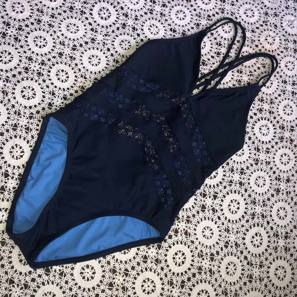 NWOT Blue lace strappy back one piece swimsuit